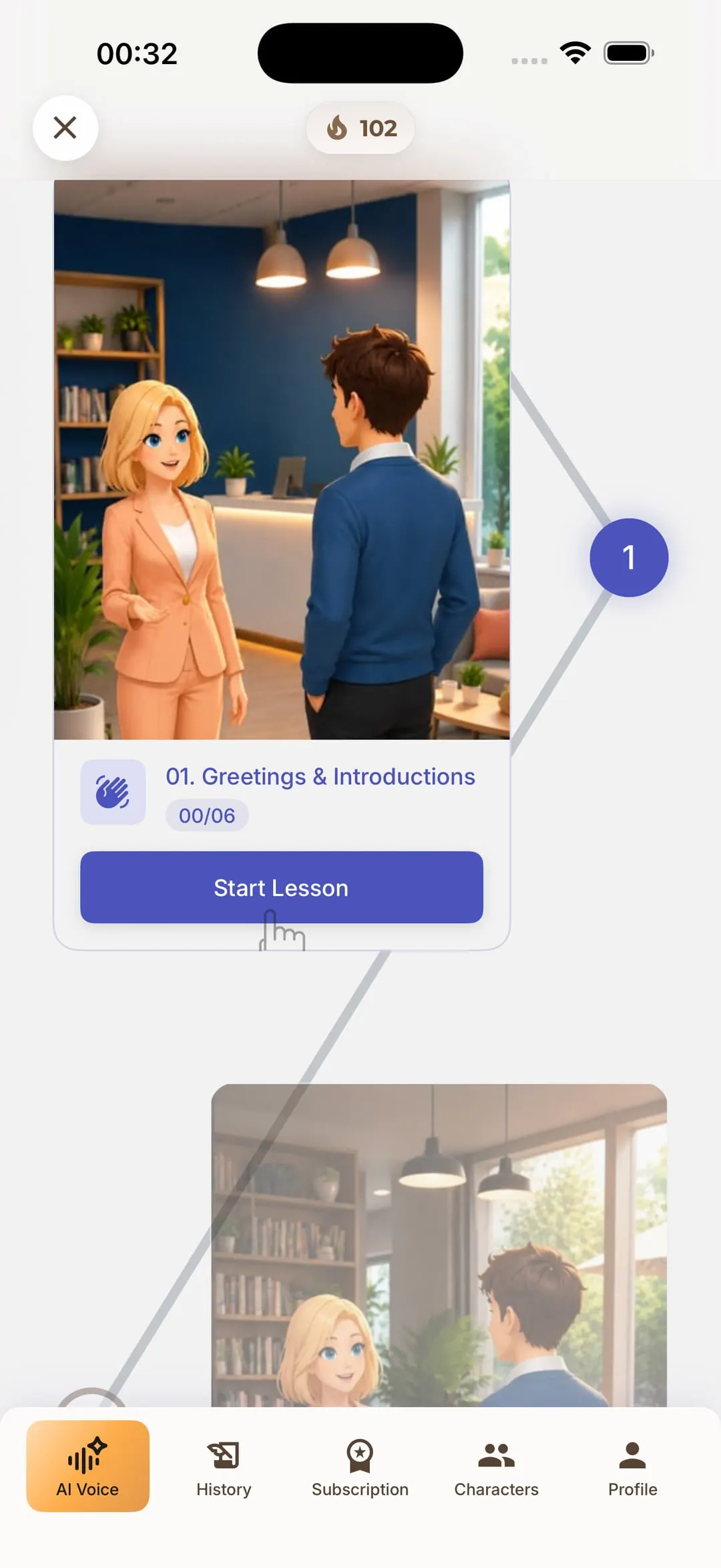 The Journey topic map in Chamate, with tasks unlocking one after another by level