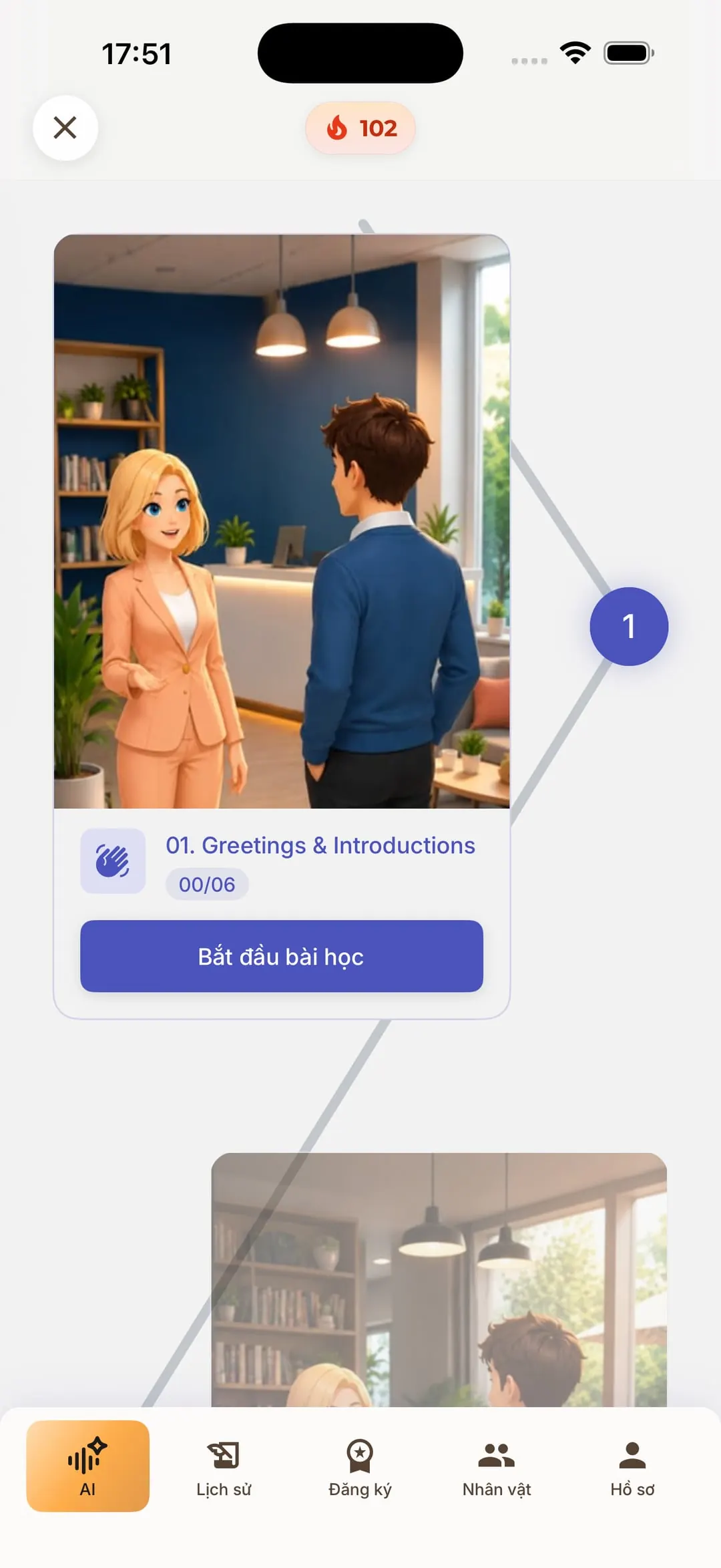 Chế độ Journey của Chamate: bài học đầu tiên “Greetings & Introductions” với hai nhân vật đang trò chuyện