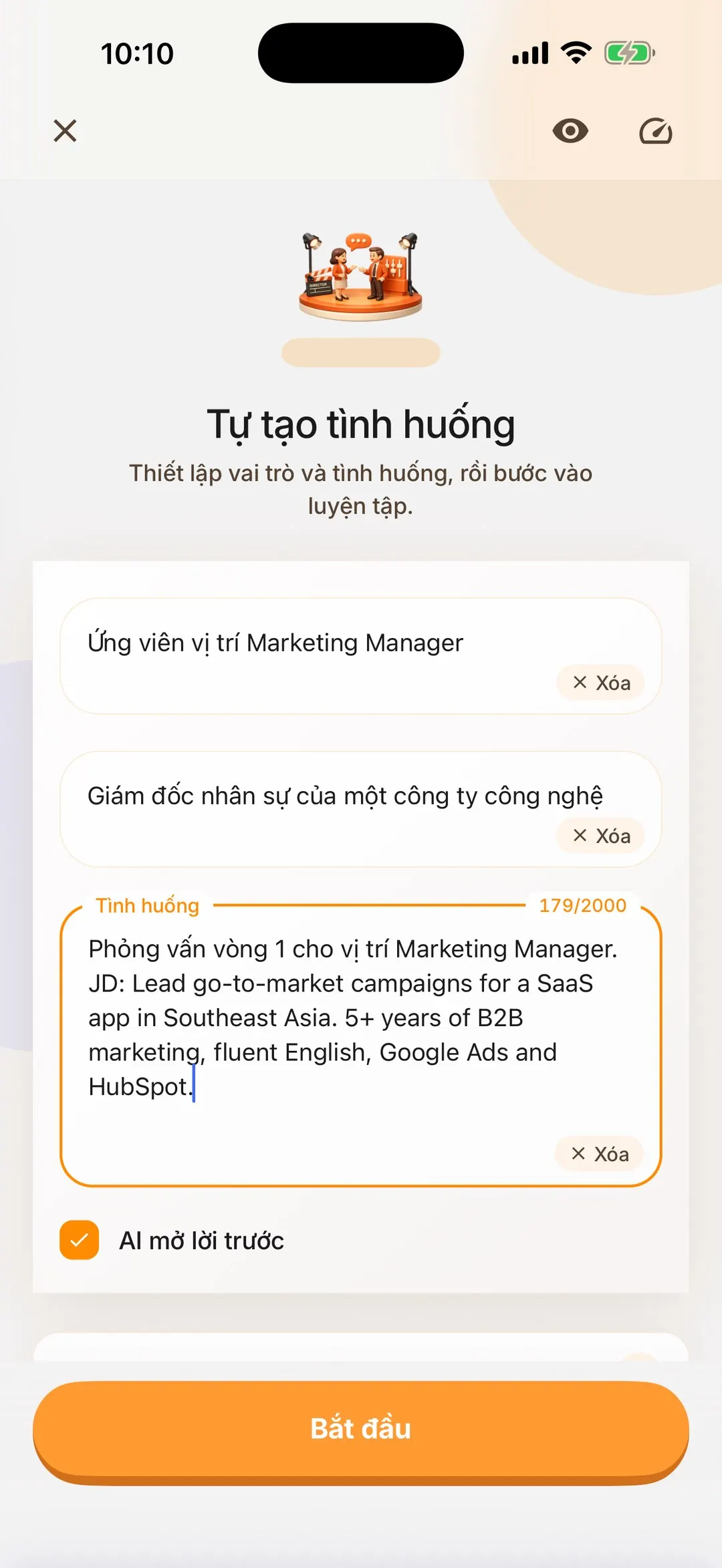 Màn hình Tự tạo tình huống trong Chamate với ba ô: vai của bạn, vai của AI, tình huống