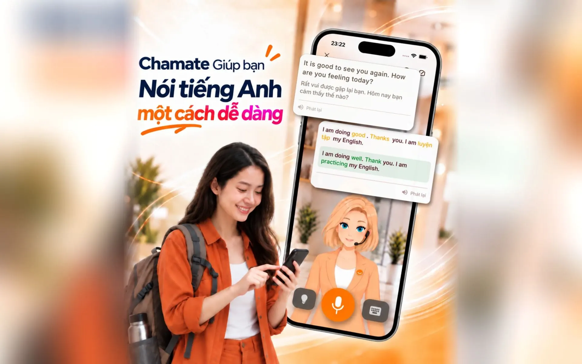 Cô gái dùng Chamate trên điện thoại để luyện nói tiếng Anh, màn hình hội thoại sửa câu có chen tiếng Việt thành câu tiếng Anh đúng