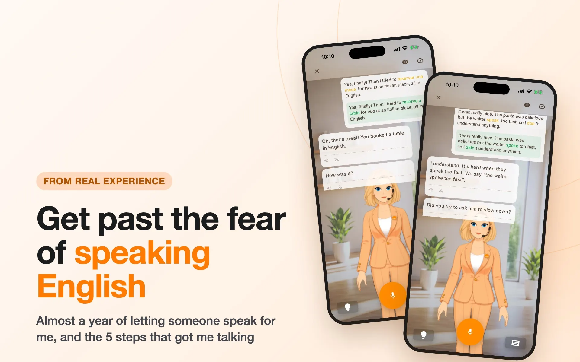 Cover image for “Get past the fear of speaking English” with two Chamate conversation screens on an orange background