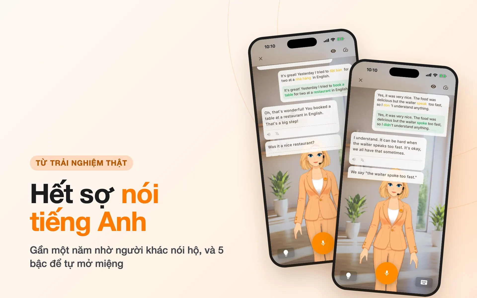 Bìa bài viết “Hết sợ nói tiếng Anh” với hai màn hình hội thoại Chamate trên nền cam