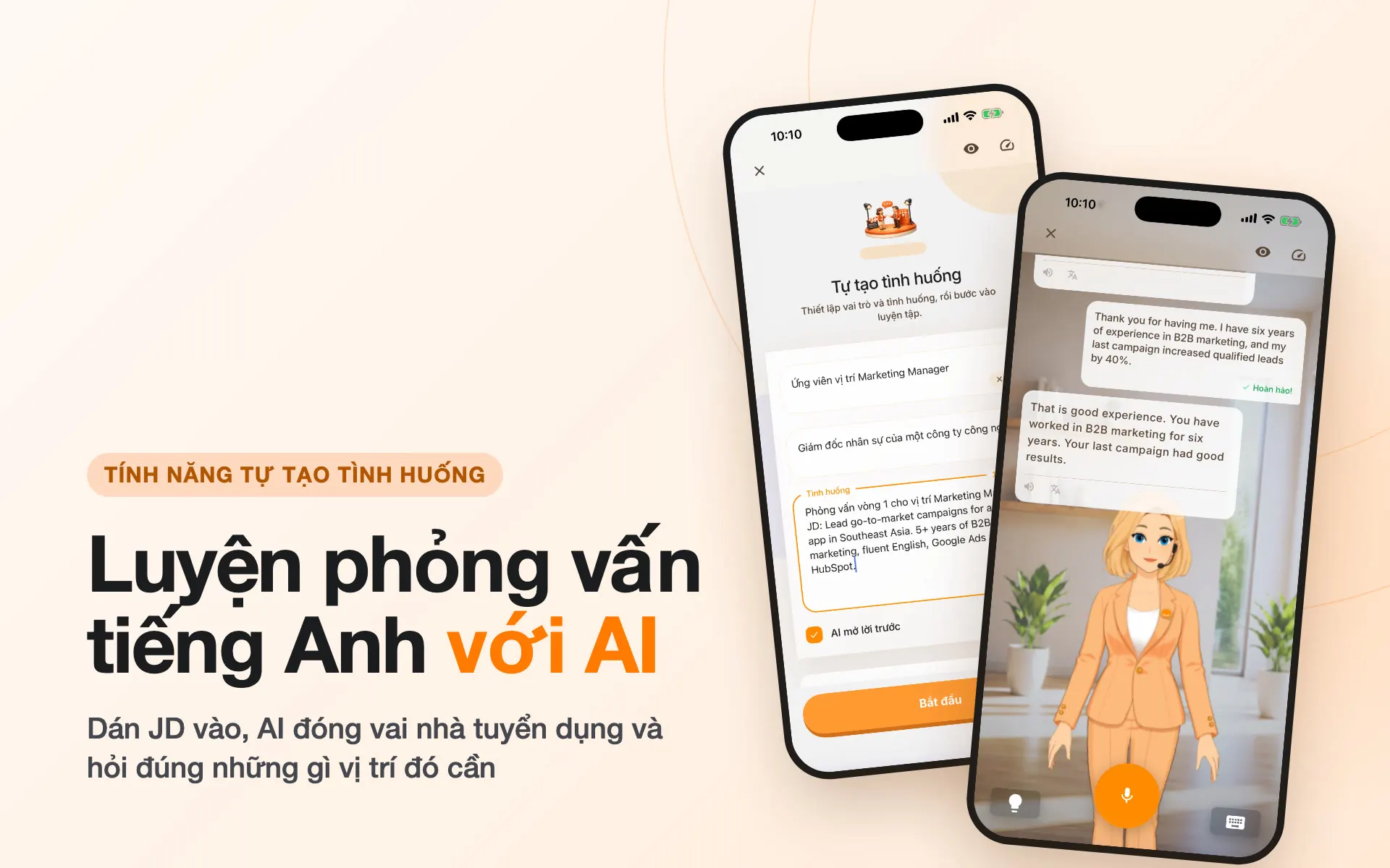 Poster Luyện phỏng vấn tiếng Anh với AI, kèm hai màn hình Chamate: tạo tình huống có dán JD và buổi phỏng vấn đang diễn ra