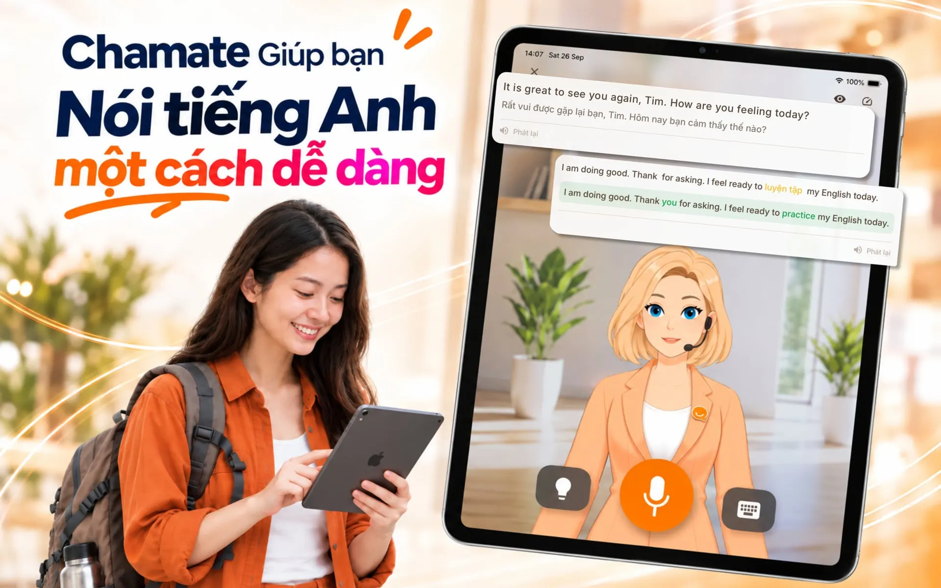 Cô gái luyện nói tiếng Anh với Chamate trên iPad, câu có chen “luyện tập” được sửa thành “practice”