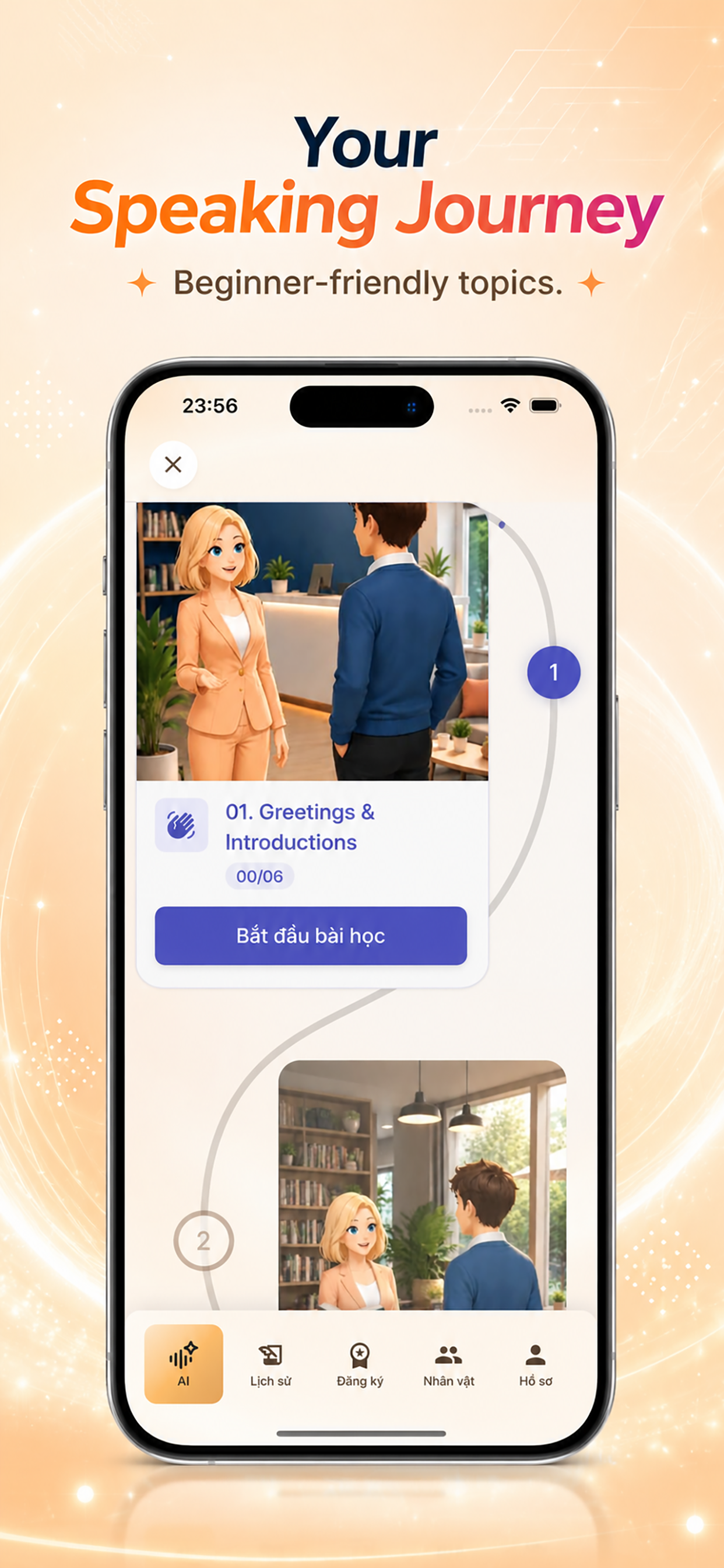 Chamate app UI preview with lesson screen